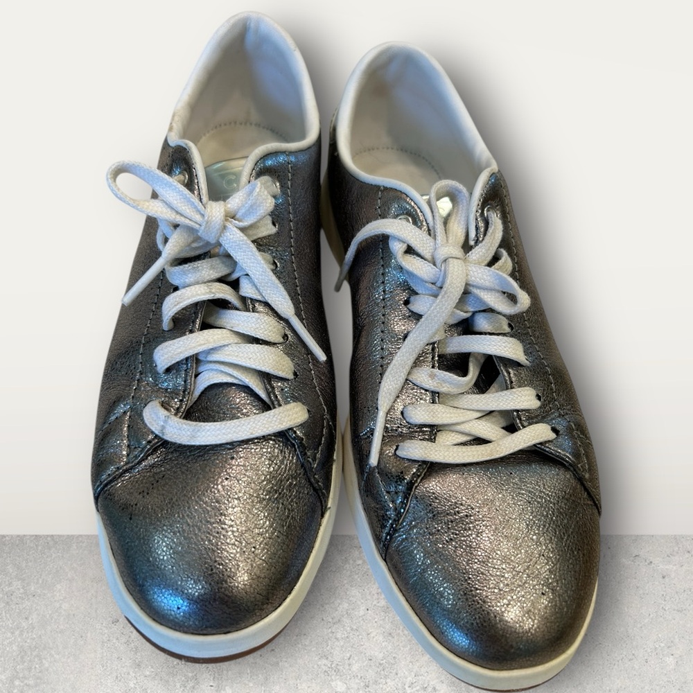 Cole Haan Grandpro Tennis Shoe Metallic Silver Leather Lace Up, Sz 8.5